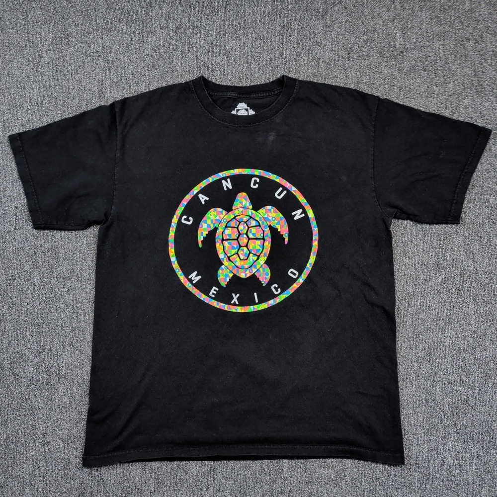 Los Cinco Soles Cancun Mexico Sea Turtle Graphic Tee Large Black Cotton Souvenir